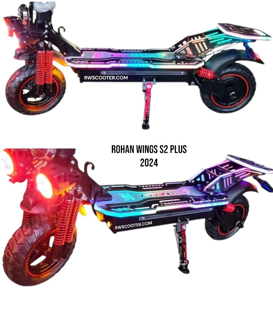 Rohan Wings S2 Plus Version 2024 kick Scooter, 2000 watt motor, With huge LED meter, Scaktbord has Multiple colors of LED Light, 48 V, 13Ah battery, Adjustable and Foldable, Red colour